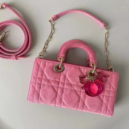 Dior Women Lady D-Joy Bag Bright Pink Cannage Denim