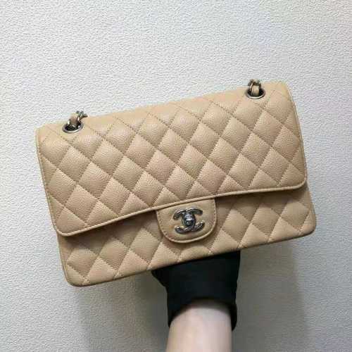 Chanel Women Large Classic Handbag in Grained Calfskin Leather-Sandy