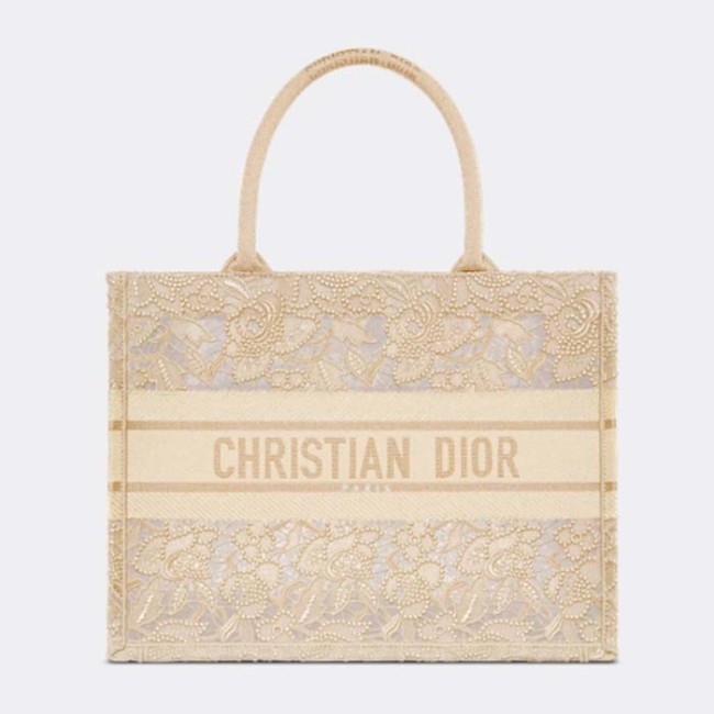Dior Women CD Medium Dior Book Tote D-Lace Embroidery Macramé Effect