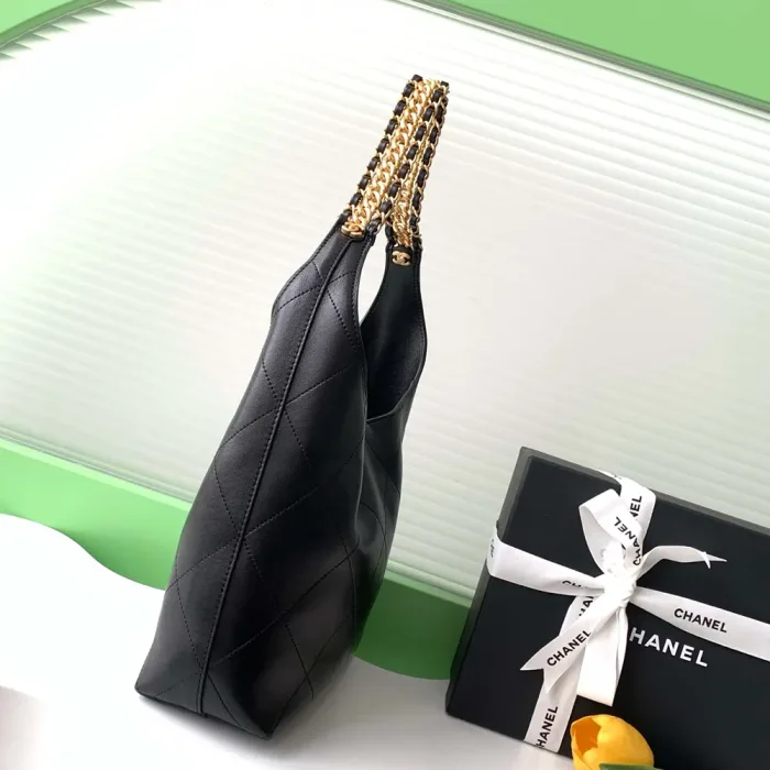 Chanel Women Large Hobo Bag Shiny Lambskin Gold Tone Metal AS5410