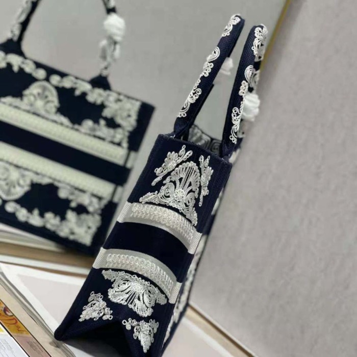 Dior Women Medium Dior Book Tote Blue Cornely-Effect Embroidered Calfskin