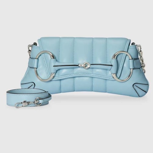 Gucci Women GG Horsebit Chain Small Shoulder Bag Light Blue Quilted Leather Maxi Horsebit Style ‎764339 AACU1 4811