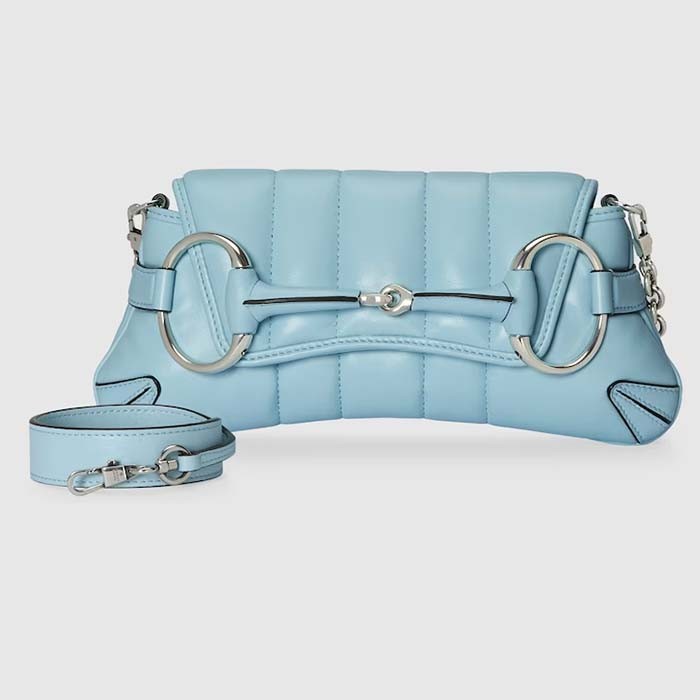 Gucci Women GG Horsebit Chain Small Shoulder Bag Light Blue Quilted Leather Maxi Horsebit Style ‎764339 AACU1 4811