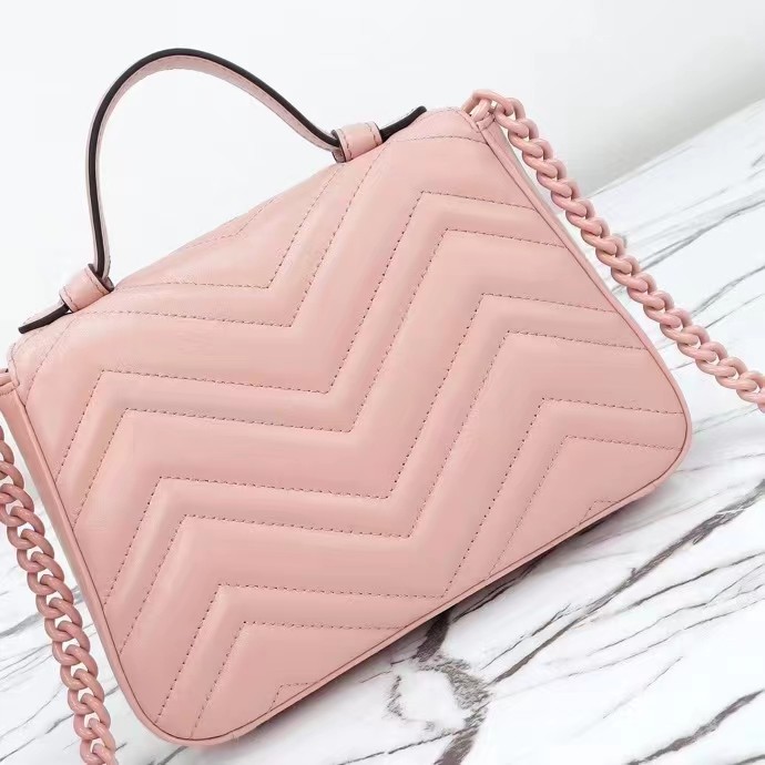 Gucci Women GG Marmont Mini Top Handle Bag Light Pink Matelassé Chevron Leather Heart Double G