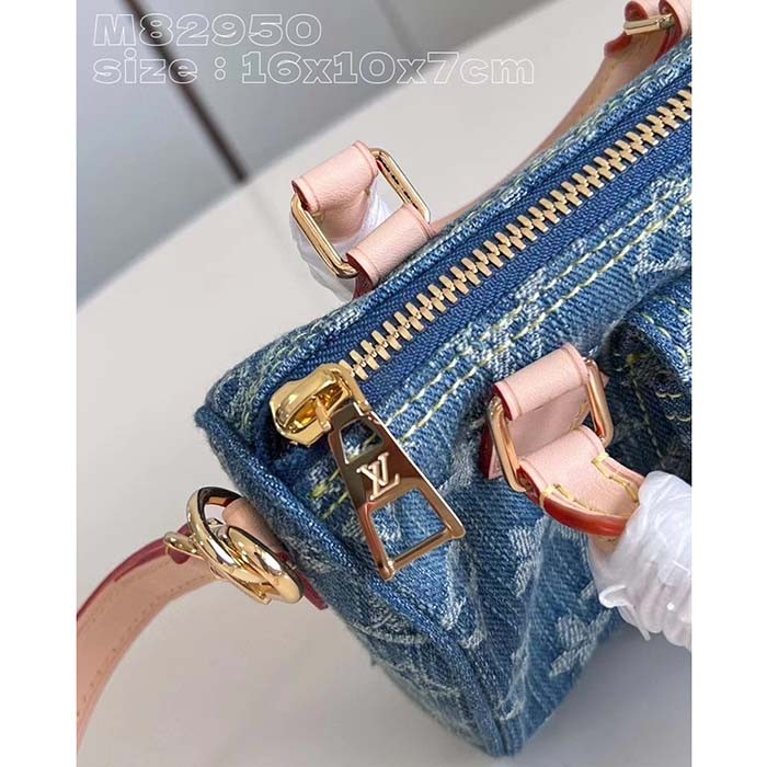 Louis Vuitton LV Unisex Nano Speedy Bag Denim Blue GOTS Monogram Denim Canvas Natural Cowhide Leather