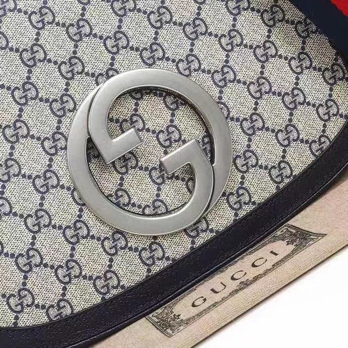 Gucci Women Blondie Medium Top Handle Bag Beige Blue Supreme Canvas