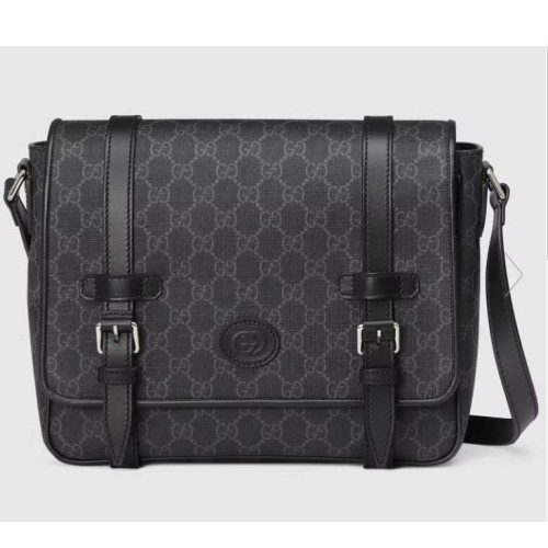 Gucci Unisex GG Messenger Bag Black GG Supreme Canvas Leather