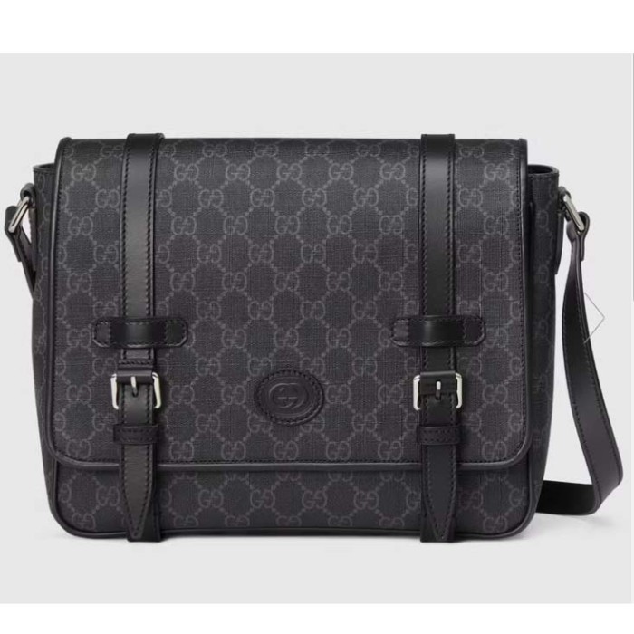 Gucci Unisex GG Messenger Bag Black GG Supreme Canvas Leather