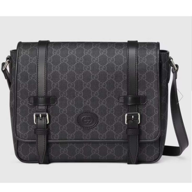 Gucci Unisex GG Messenger Bag Black GG Supreme Canvas Leather