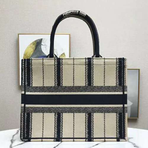 Dior Women Dior Book Tote Black and Beige Bayadère Embroidery