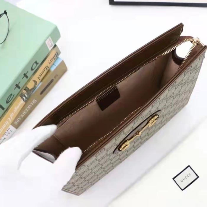 Gucci Unisex GG Horsebit 1955 Pouch Brown Beige Ebony GG Supreme Canvas