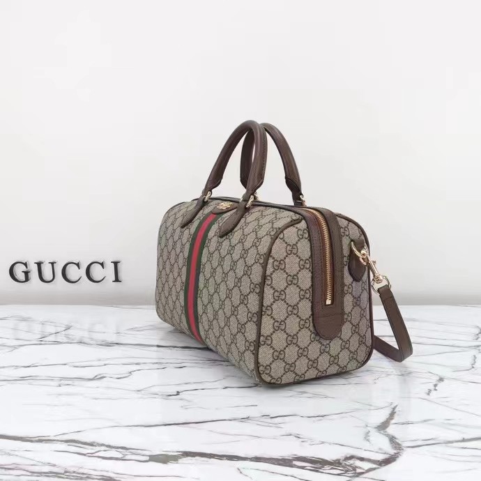 Gucci GG Unisex Ophidia GG Medium Top Handle Bag Beige Ebony GG Supreme Canvas Leather