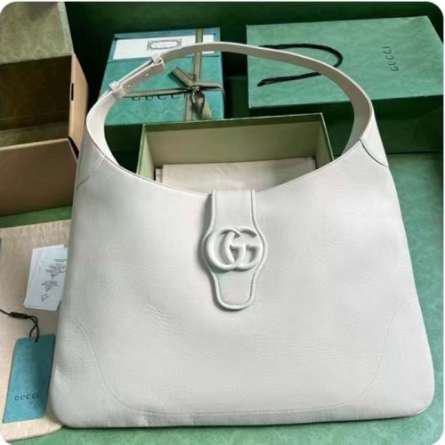 Gucci Women GG Aphrodite Large Shoulder Bag White Soft Leather Moiré Lining