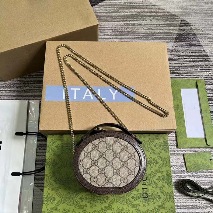 Gucci Women Ophidia Mini Chain Bag Beige Ebony GG Supreme Canvas Brown Leather Double G