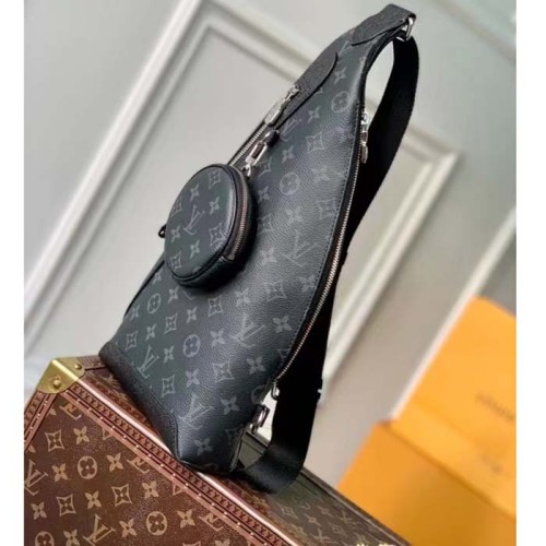 Louis Vuitton LV Unisex Duo Slingbag Black Monogram Coated Canvas Taiga Cowhide Leather