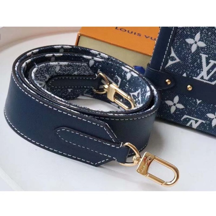 Louis Vuitton LV Unisex Petite Malle Box Handbag Blue Denim Monogram Canvas
