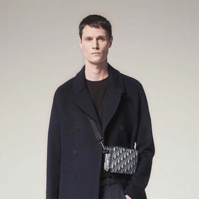 Dior Unisex CD Pouch Strap Beige Black Dior Oblique Jacquard Double Zipped Pocket