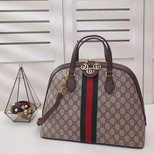 Gucci GG Women Ophidia GG Medium Top Handle in Beige/Ebony GG Supreme Canvas