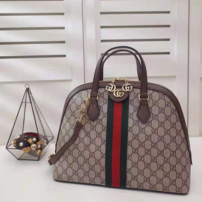 Gucci GG Women Ophidia GG Medium Top Handle in Beige/Ebony GG Supreme Canvas