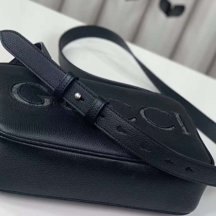 Gucci Unisex Mini Shoulder Bag Black Leather Grey Black GG Supreme Canvas