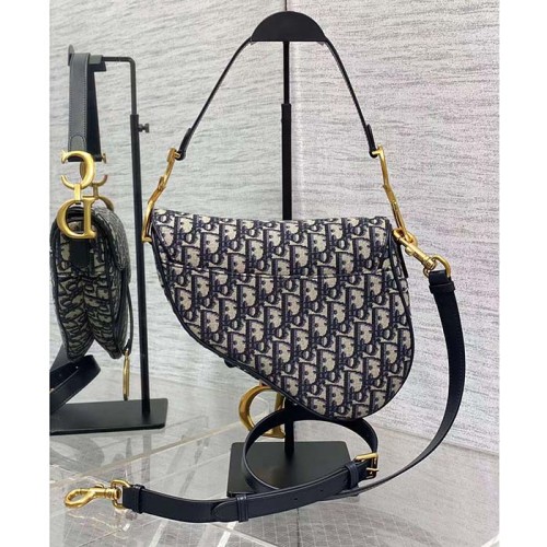 Dior Women Saddle Bag Strap Blue Dior Oblique Jacquard CD Signature Interior Back Pocket