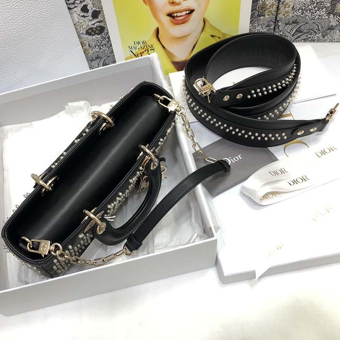 Dior Women CD Small Lady D-Joy Bag Black Crinkle-Effect Lambskin White Resin Half-Pearl Cannage