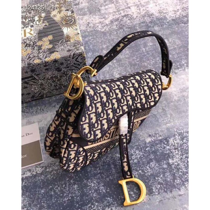 Dior Women Saddle Bag Blue Dior Oblique Embroidery 'CD' Structure