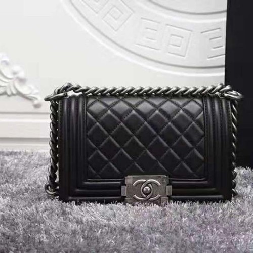 Chanel Women Small Boy Chanel Handbag in Calfskin Leather-Black