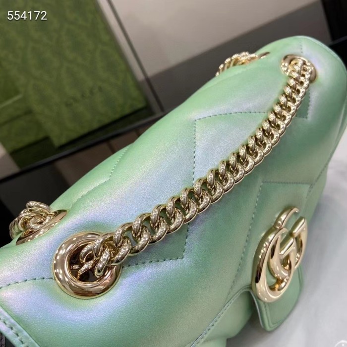 Gucci Women GG Marmont Small Shoulder Bag Green Iridescent Quilted Chevron Leather