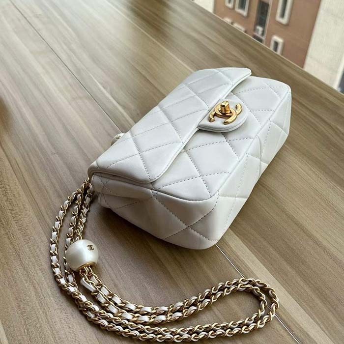 Chanel Women CC Mini Flap Bag Lambskin Imitation Pearls White