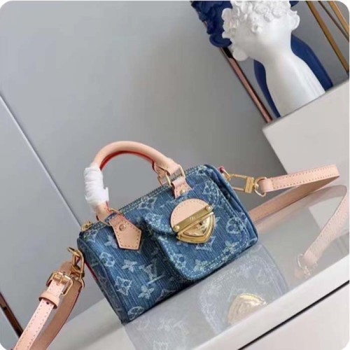 Louis Vuitton LV Unisex Nano Speedy Bag Denim Blue GOTS Monogram Denim Canvas Natural Cowhide Leather