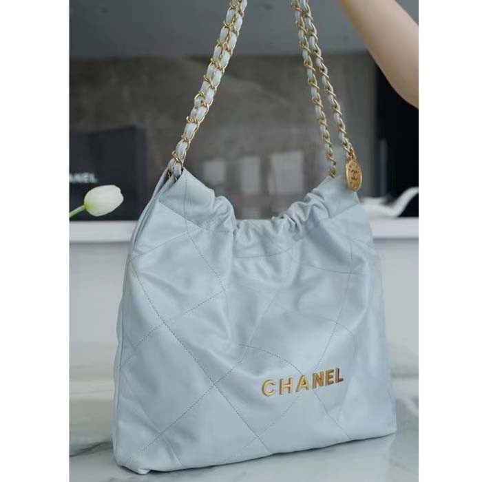 Chanel Women CC 22 Handbag Shiny Calfskin & Gold-Tone Metal Light Blue