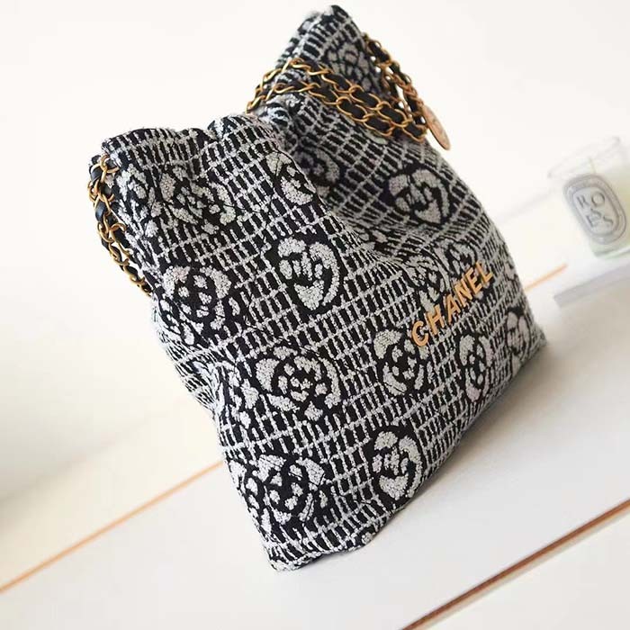 Chanel Women CC 22 Handbag Cashmere Jacquard Gold Metal Black White