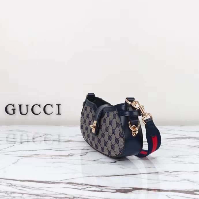 Gucci Women Moon Side Mini Shoulder Bag Beige Blue Original GG Canvas