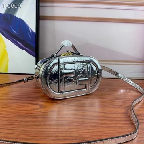 Fendi Women FF O’Lock Mini Camera Case Silver Laminated Leather Mini Bag