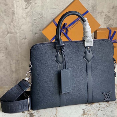 Louis Vuitton LV Unisex Takeoff Briefcase Navy Blue LV Aerogram Cowhide Leather
