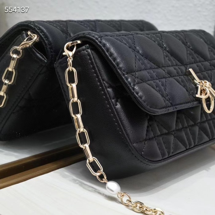 Dior Women CD Lady Dior Phone Pouch Black Cannage Lambskin Removable Chain Strap