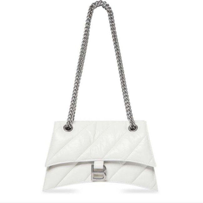 Balenciaga Women Crush Small Chain Bag Quilted White Crushed Calfskin Aged-Silver Hardware