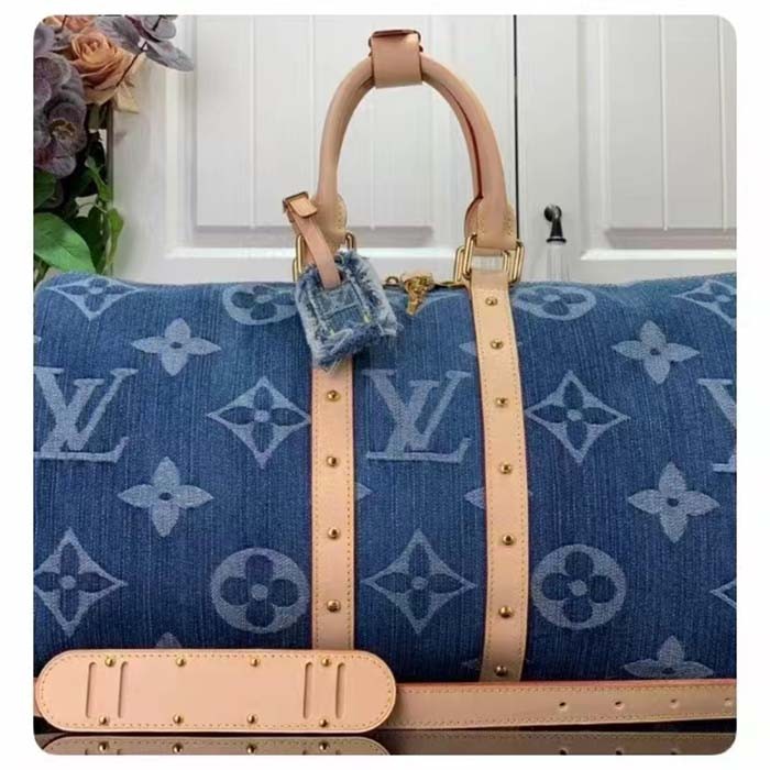 Louis Vuitton LV Unisex Keepall Bandoulière 45 Bleu Denim GOTS Certified Cotton Monogram Denim Canvas M24315