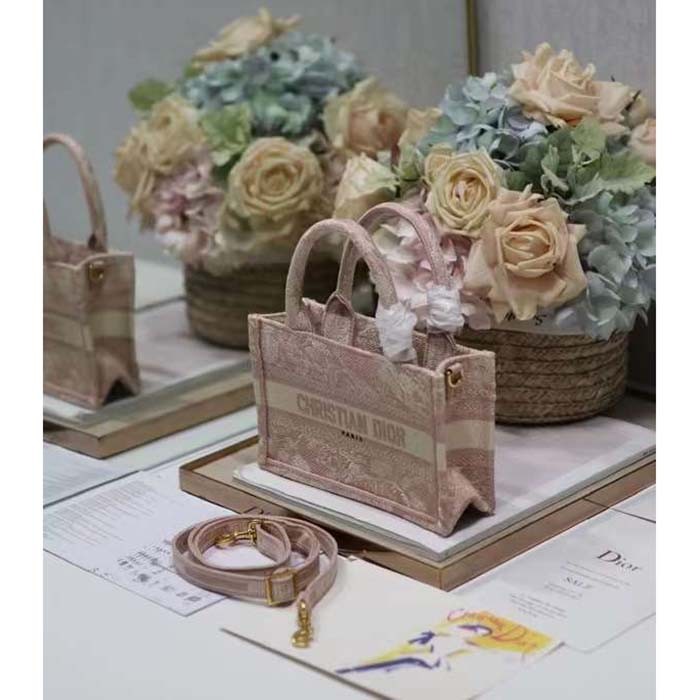 Dior Women Mini Dior Book Tote Strap Pink Toile De Jouy Reverse Embroidery