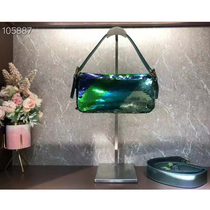 Fendi Women FF Baguette 1997 Green Leather Sequinned Bag