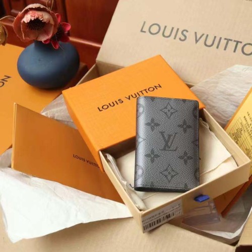 Louis Vuitton LV Unisex Pocket Organizer Gunmetal Gray Monogram Coated Canvas Taiga Cowhide