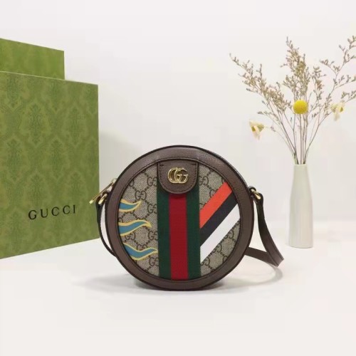 Gucci Unisex Round Shoulder Bag Double G Beige Ebony GG Supreme Canvas