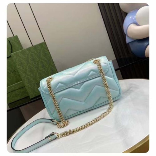 Gucci Women GG Marmont Small Shoulder Bag Blue Iridescent Quilted Chevron Leather