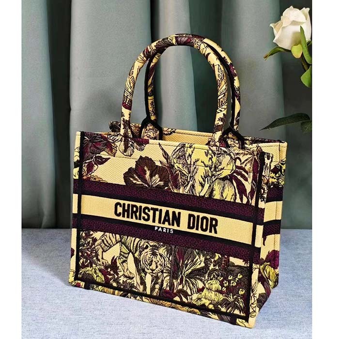 Dior Unisex CD Medium Book Tote Yellow Multicolor Toile De Jouy Voyage Embroidery