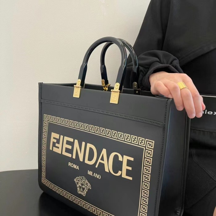 Fendi Women FF Sunshine Medium Fendace Printed Black Leather Logo Shopper