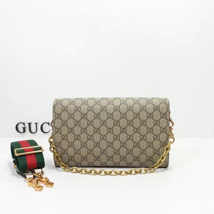 Gucci Women Horsebit 1955 Small Bag Beige Ebony GG Supreme Canvas White Leather