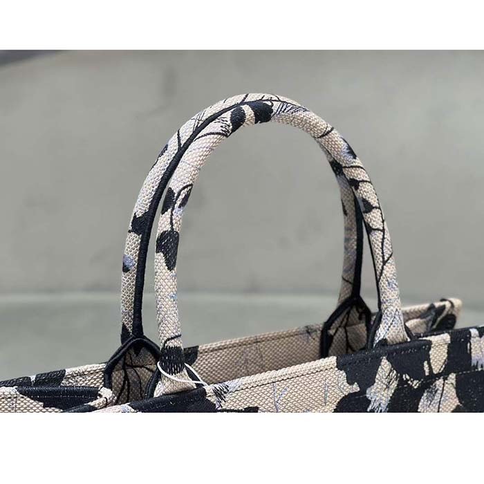 Dior Women CD Medium Dior Book Tote Beige Black Fleurs Mystiques Embroidery