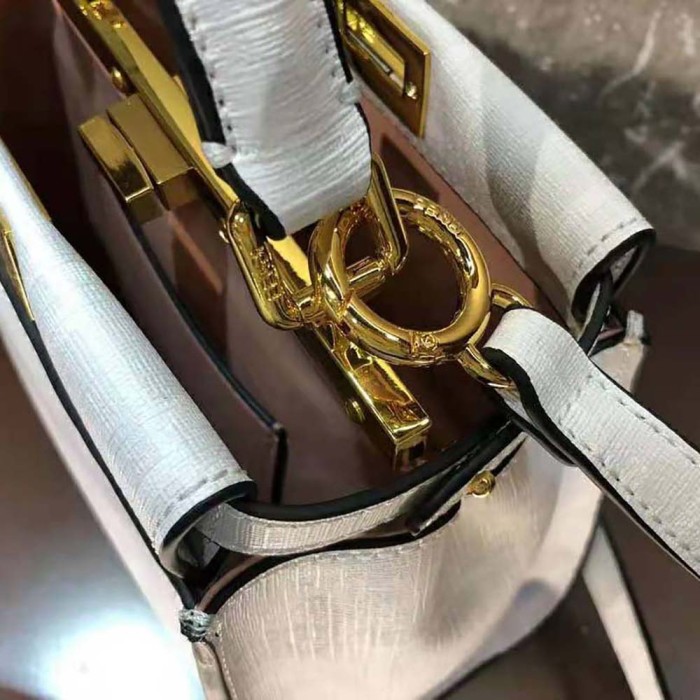 Fendi Women Peekaboo Iconic Mini FF White Glazed Fabric Bag with Inlay