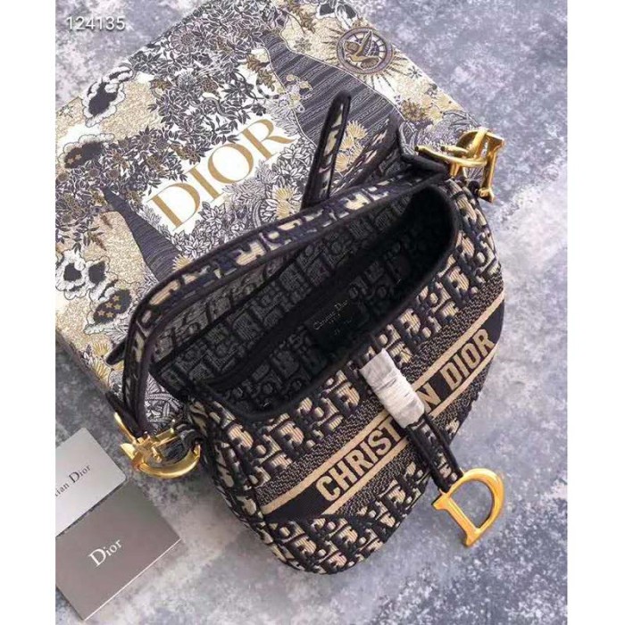 Dior Women Saddle Bag Blue Dior Oblique Embroidery 'CD' Structure